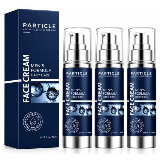 Particle Face Cream for Men's Daily Care shown with one dark blue box and three matching pump bottles on a white background.