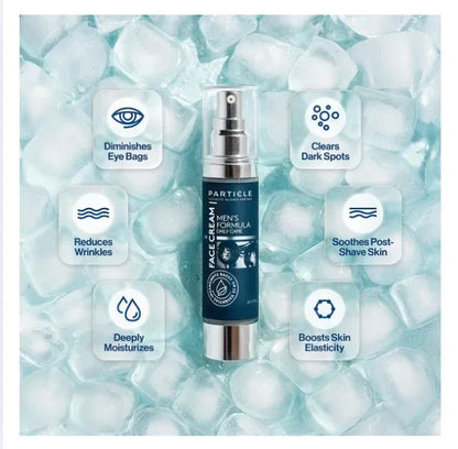 Particle Men's Formula Ice Cream facial cream bottle centered on a background of ice cubes, surrounded by six feature callout cards detailing skin benefits.