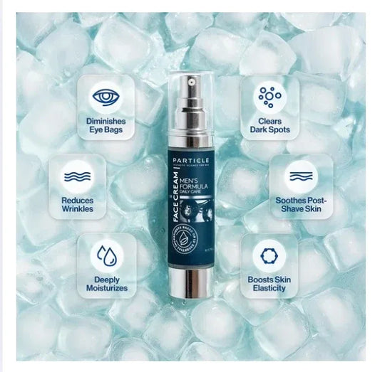 Particle Men's Formula Ice Cream facial cream bottle centered on a background of ice cubes, surrounded by six feature callout cards detailing skin benefits.