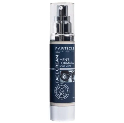 Particle Men's Formula Daily Care Face Cream in a clear cylindrical pump bottle with a dark navy blue label and silver pump, shown on a white background.