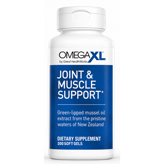 A white bottle of OMEGA XL Joint & Muscle Support dietary supplement with a blue label, on a white background.